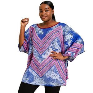 Ruby Rd Women's Blue, Pink, Tropical Chevon Chiffon Poncho Blouse, Top Size 2X